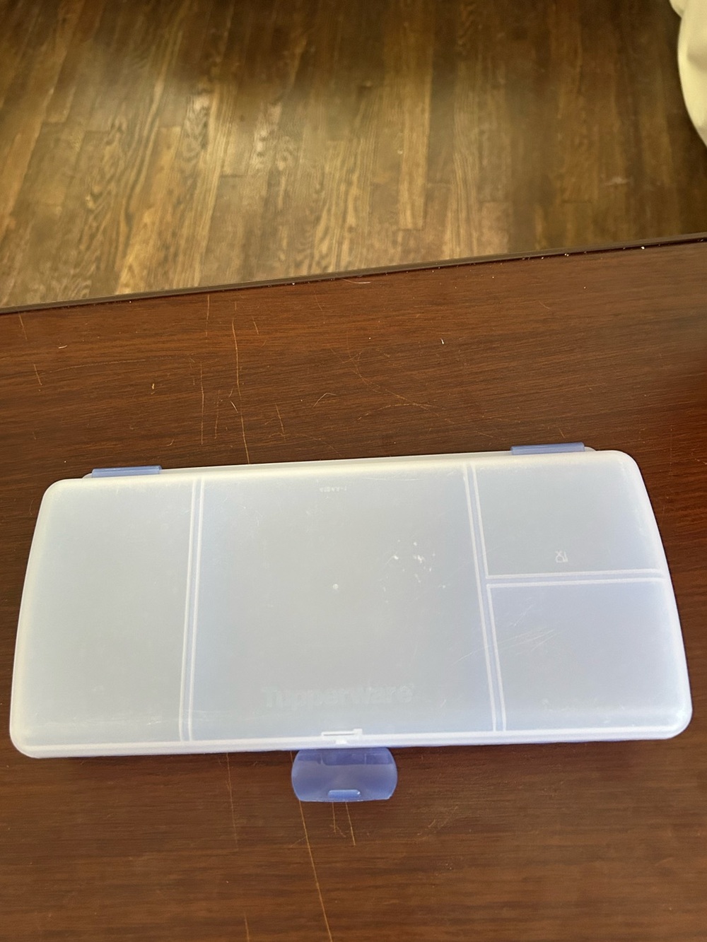 Tupperware lunch and things hinged for compartment case. 11 x 5 x2”, blue